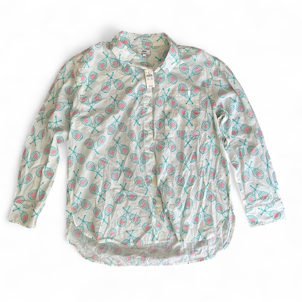 Aerie NWT Tennis Racket Print Button Down Shirt Medium 100% Cotton